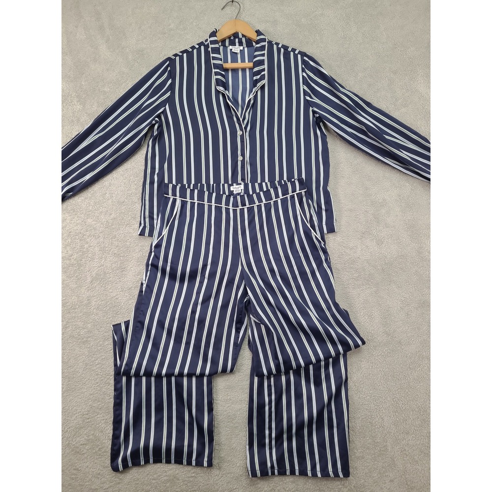 Splendid Womens Navy Blue Striped Satin Pajama Set M R85D038 Button Down Pants